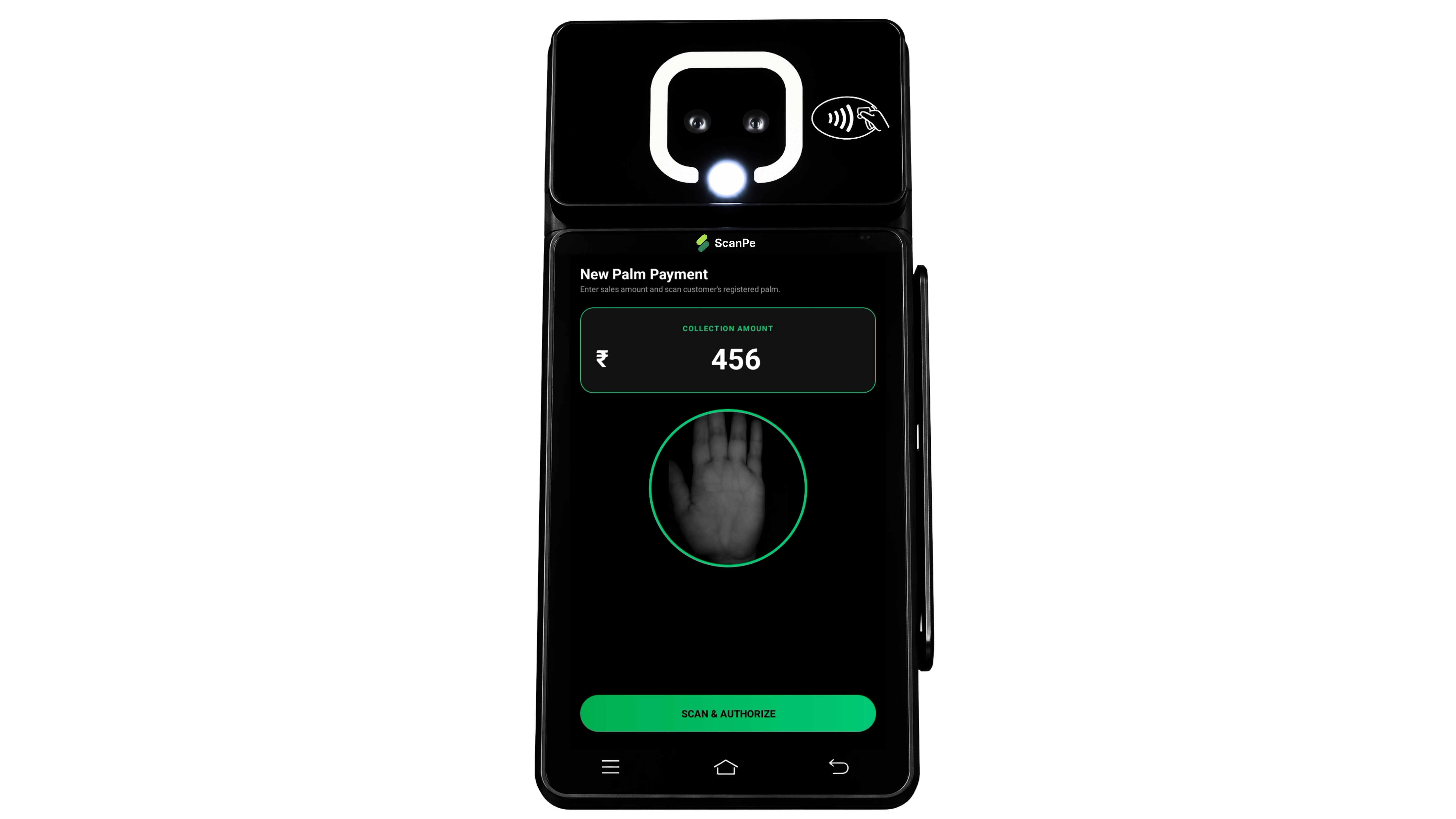 ScanPe palm-scanning POS device displaying a new palm payment